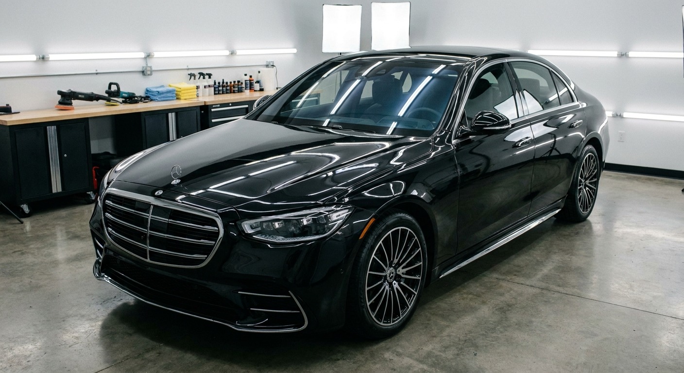 Detailing setup in a Canadian garage with polisher, towels, and buckets