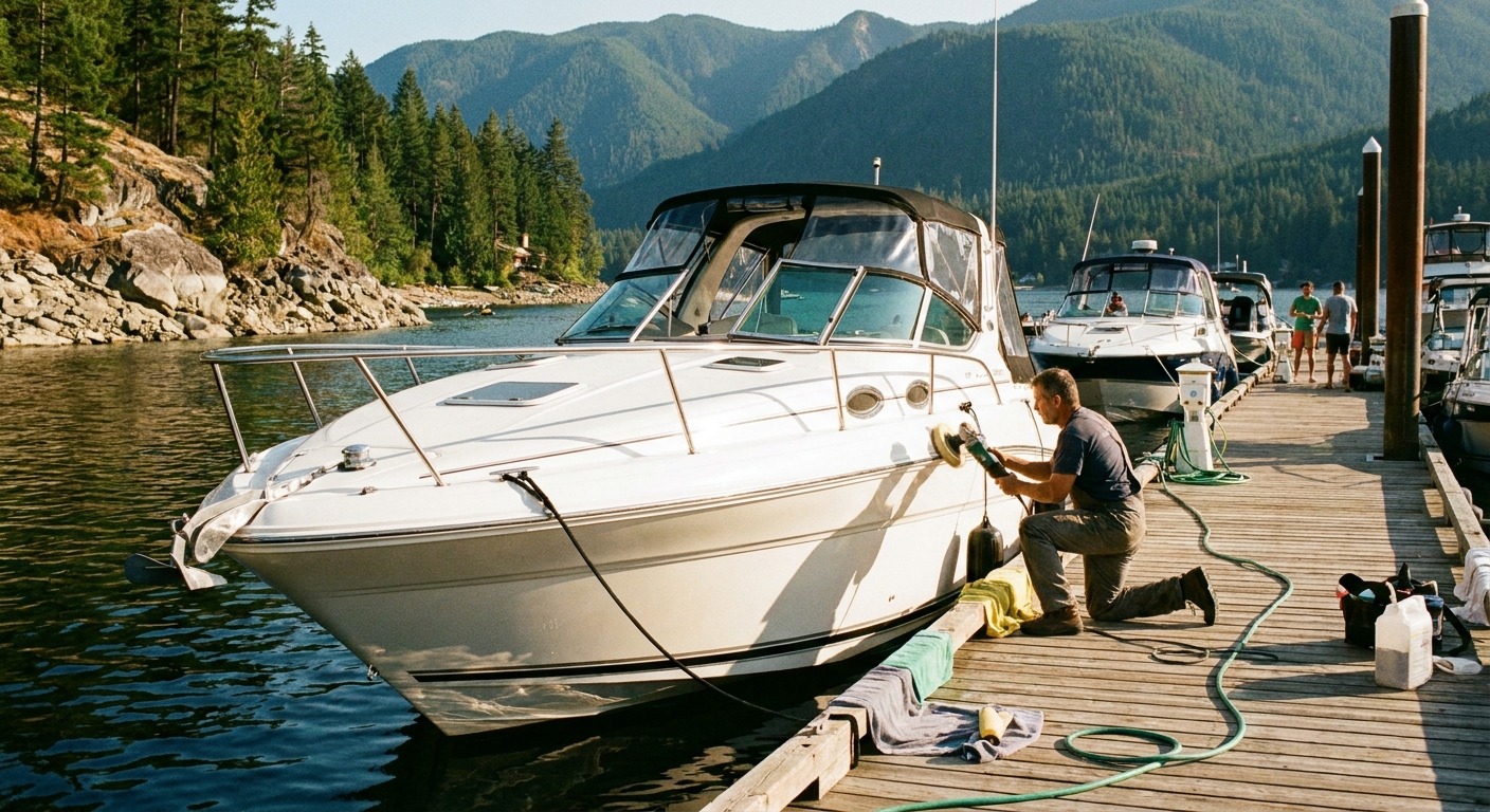 Freshly detailed fibreglass boat at a Canadian marina on a calm lake