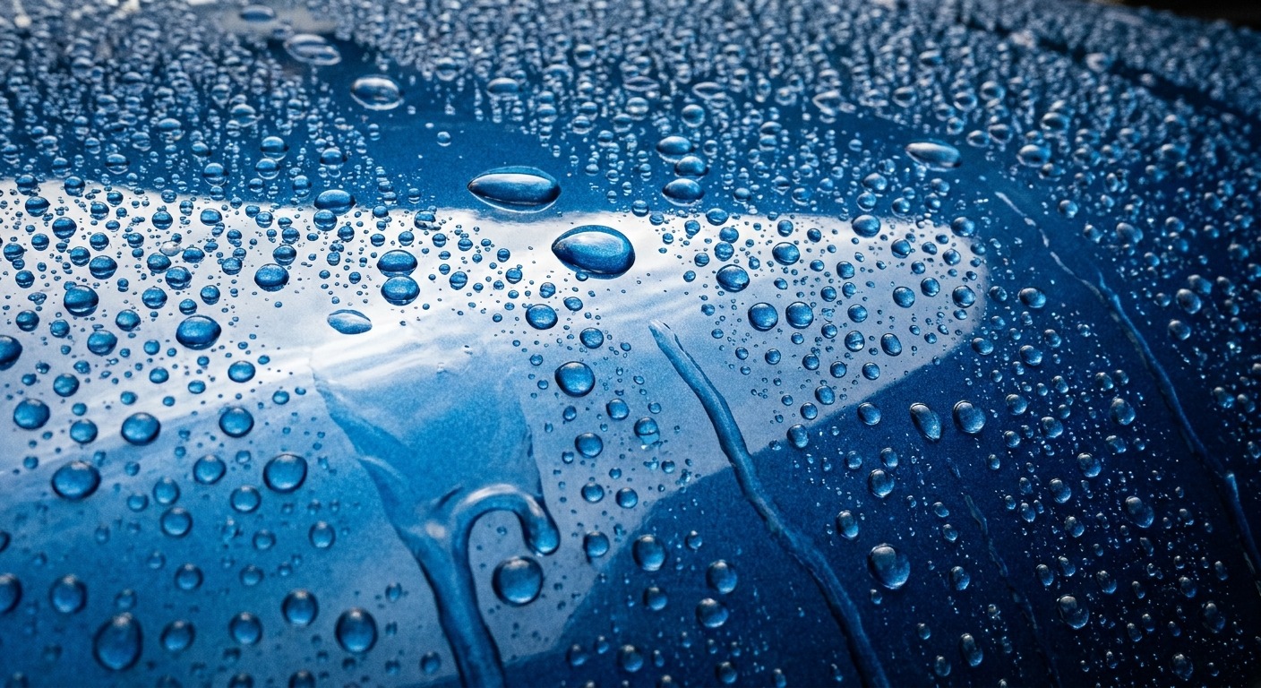 Water beading on a ceramic-coated car hood after rain