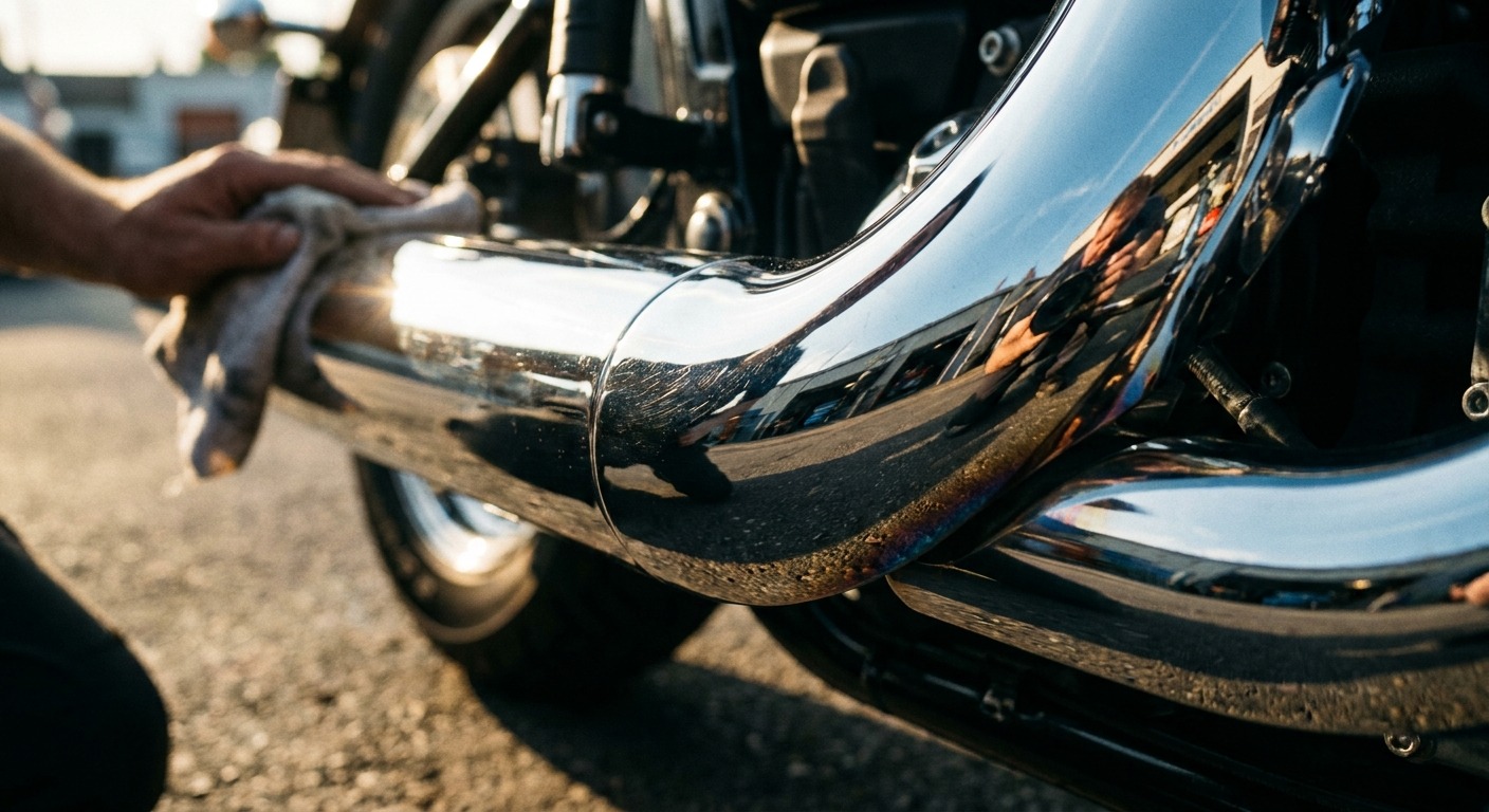 Polishing chrome exhaust pipes on a motorcycle to a mirror finish