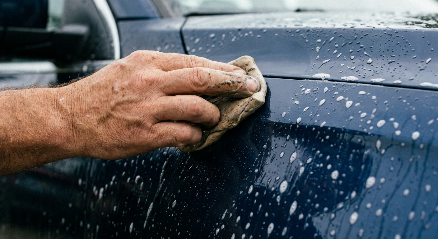 Clay bar being used on a car panel with detail spray as lubricant