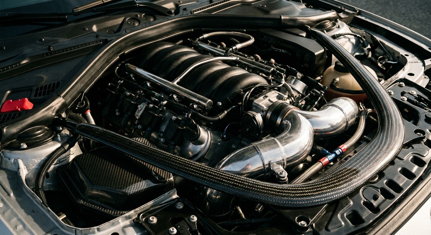 Clean engine bay with dressed plastics and organized hoses