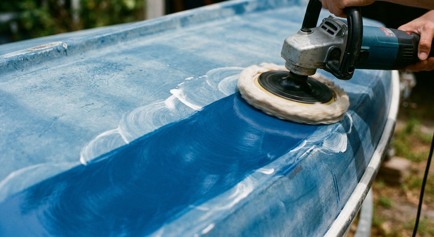 Before and after gel coat restoration on the hull of a fibreglass boat