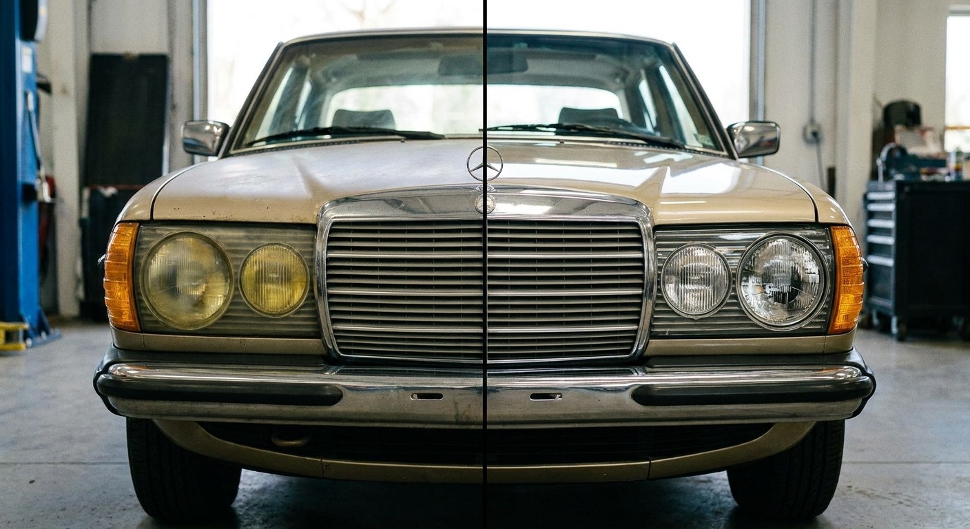 Before and after comparison of a restored headlight lens