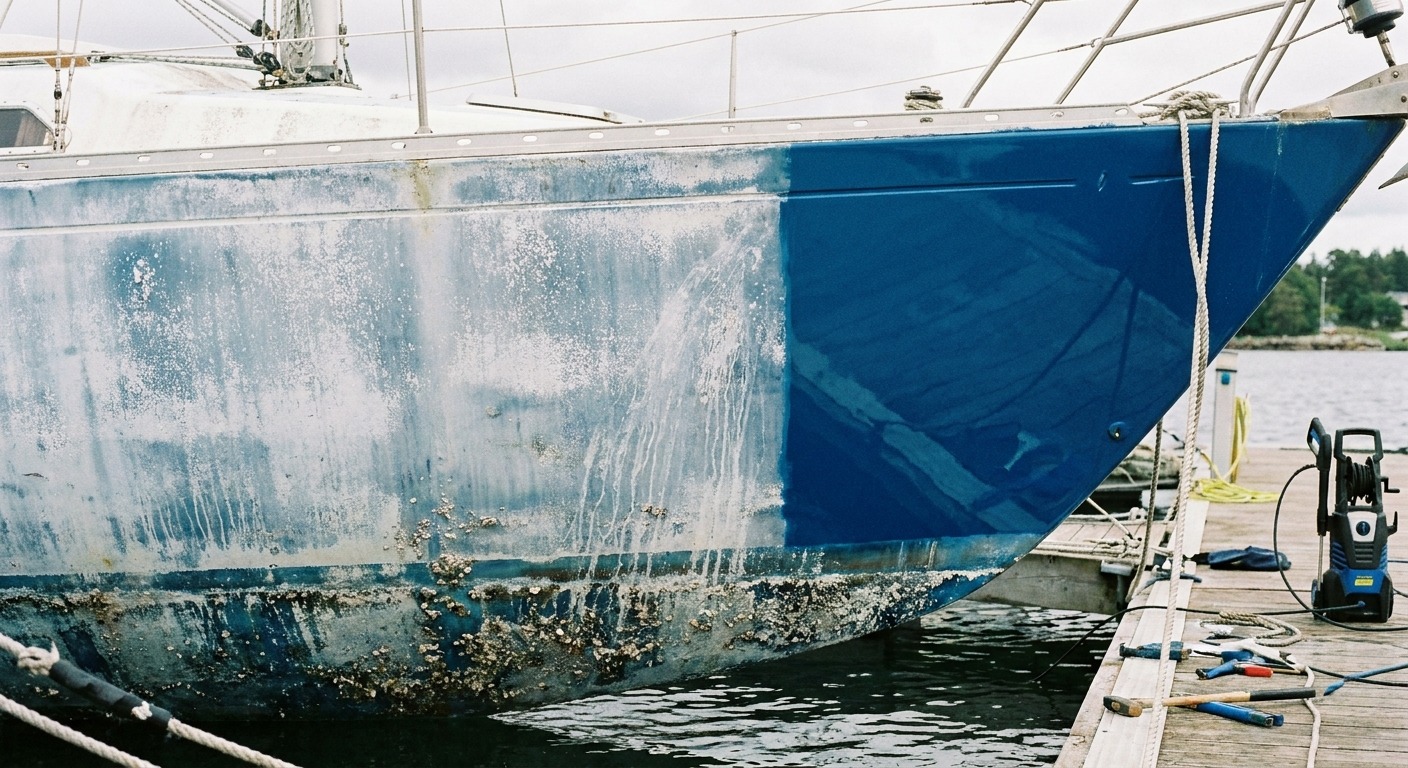 Close-up of oxidized chalky gel coat on a boat hull showing colour fade
