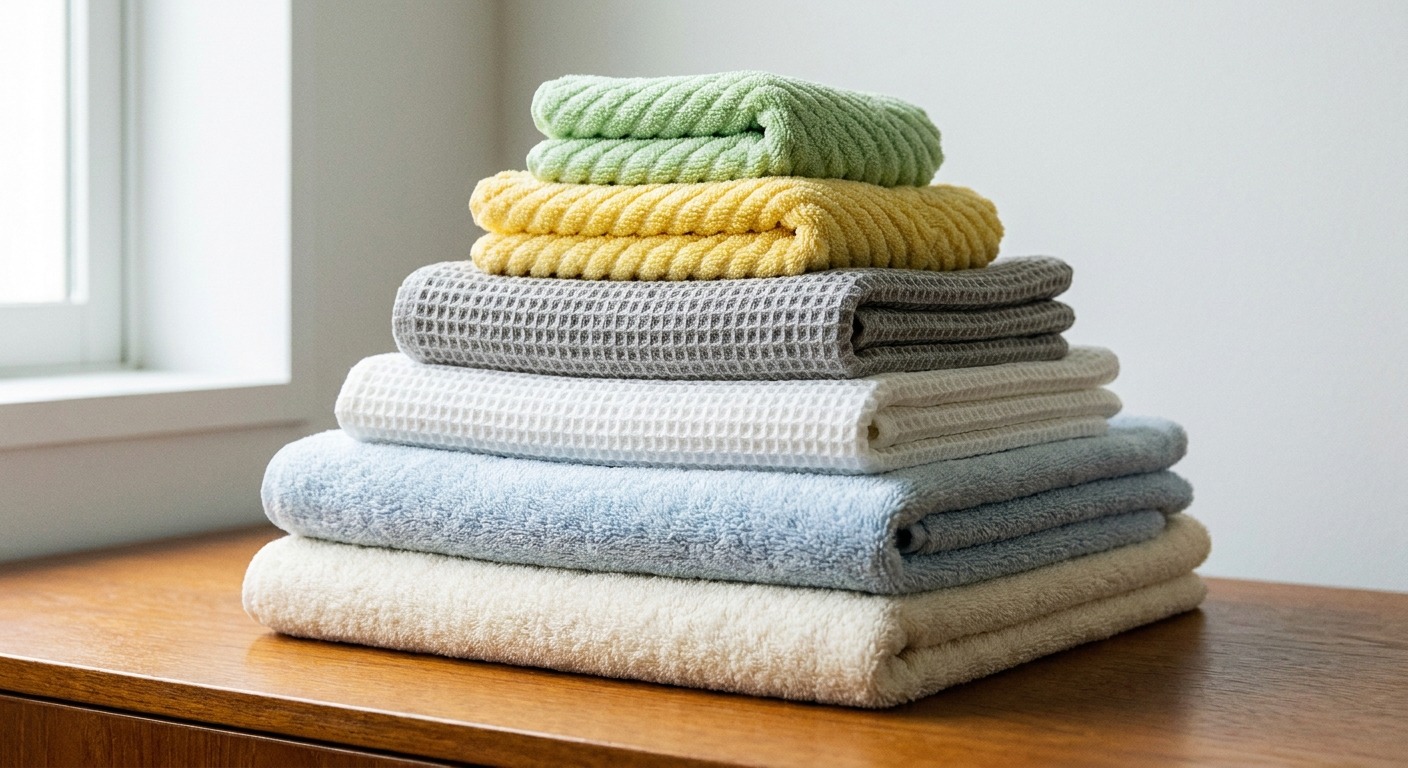 Stack of different microfibre towels showing various weave types and colours