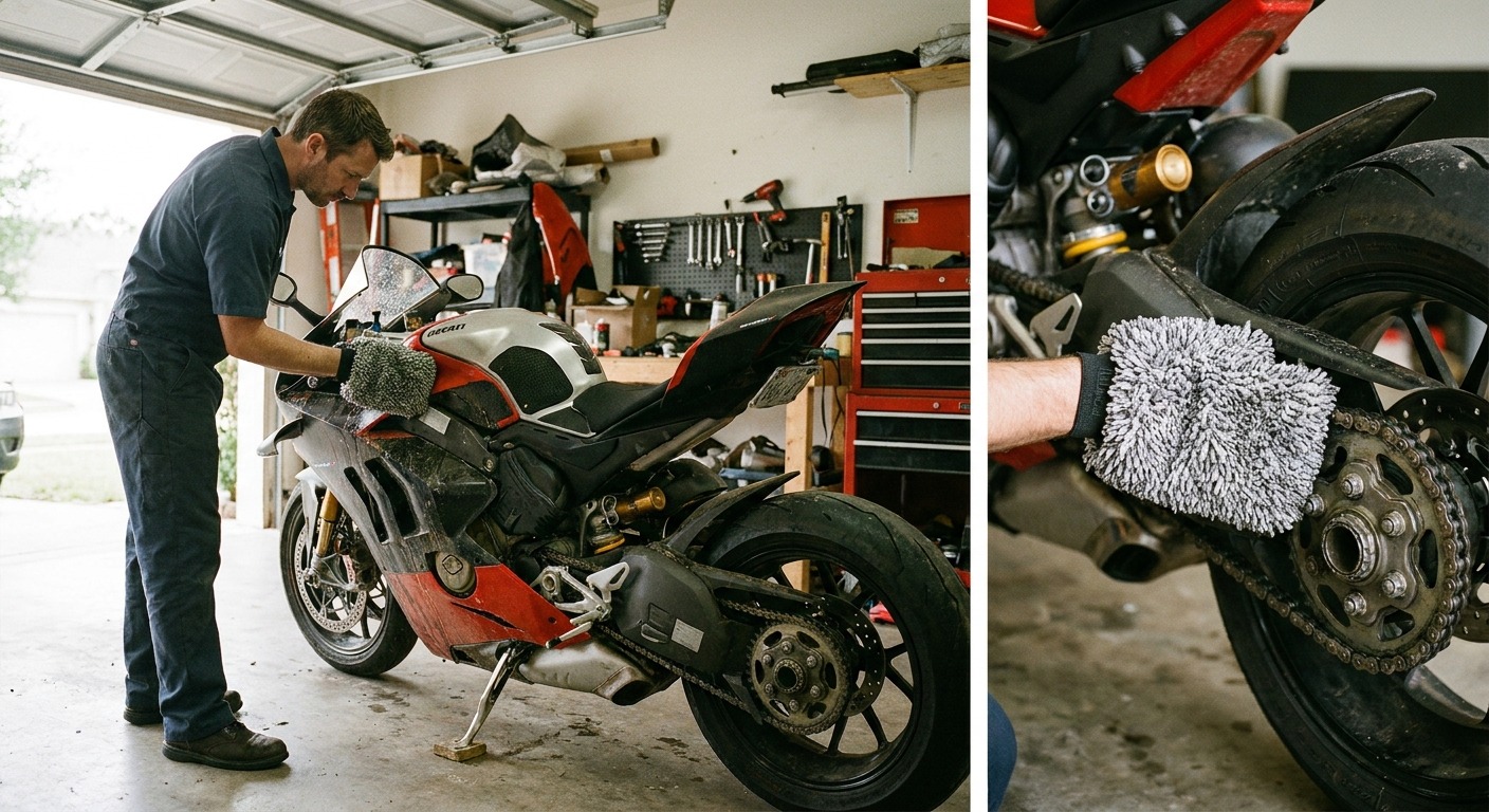 Motorcycle being hand-washed with care in a garage setting