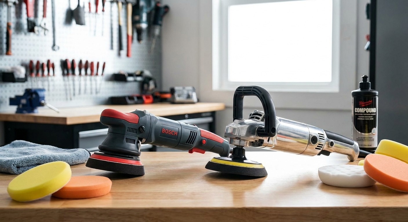 Dual-action and rotary polisher side by side on a detailing workbench