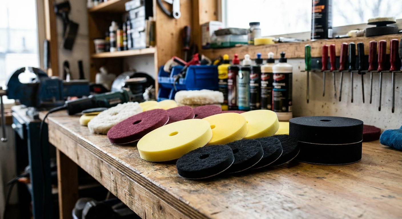 Collection of detailing products, polishing pads, and reference materials on a garage shelf