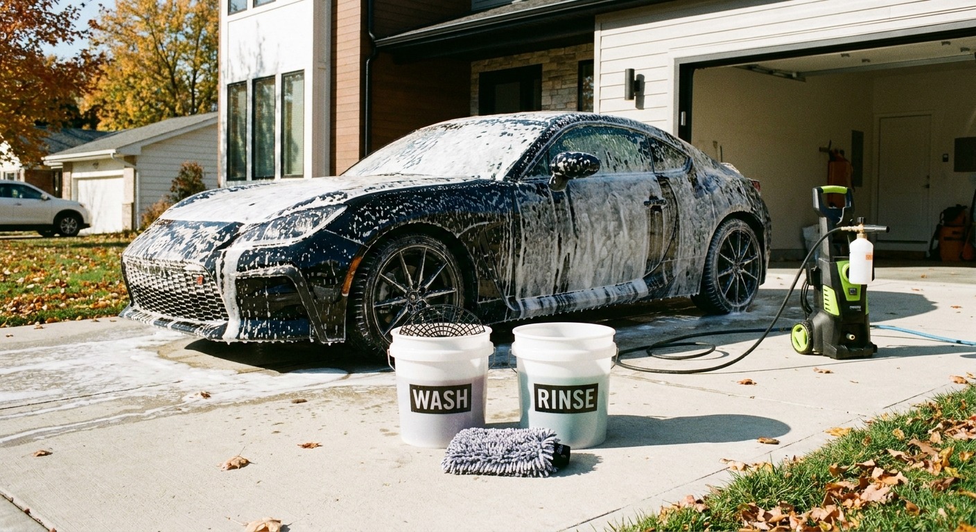 Two wash buckets with grit guards set up on a driveway next to a vehicle