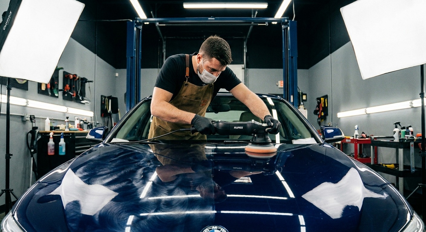 Close-up of paint correction on a dark vehicle panel showing before and after results